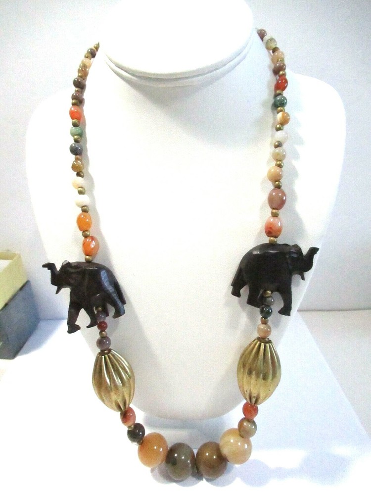 BRASS GEMSTONE AND WOOD ELEPHANT ANIMAL BEADED NECKLACE VINTAGE SAFARI AFRICA