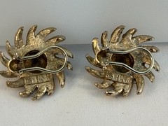 Vintage Textured Sunflower Daisy Clip Earrings Gold Tone Stamped BSK Omega Backs