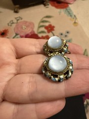 Vintage Czechoslovakia Enamel Filigree Screw Back Earrings Blue Cabochon Brass