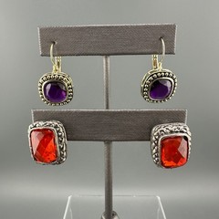 Vintage Rhinestone Earrings Lot Leverback Wingback Purple Red Silver Gold Tone