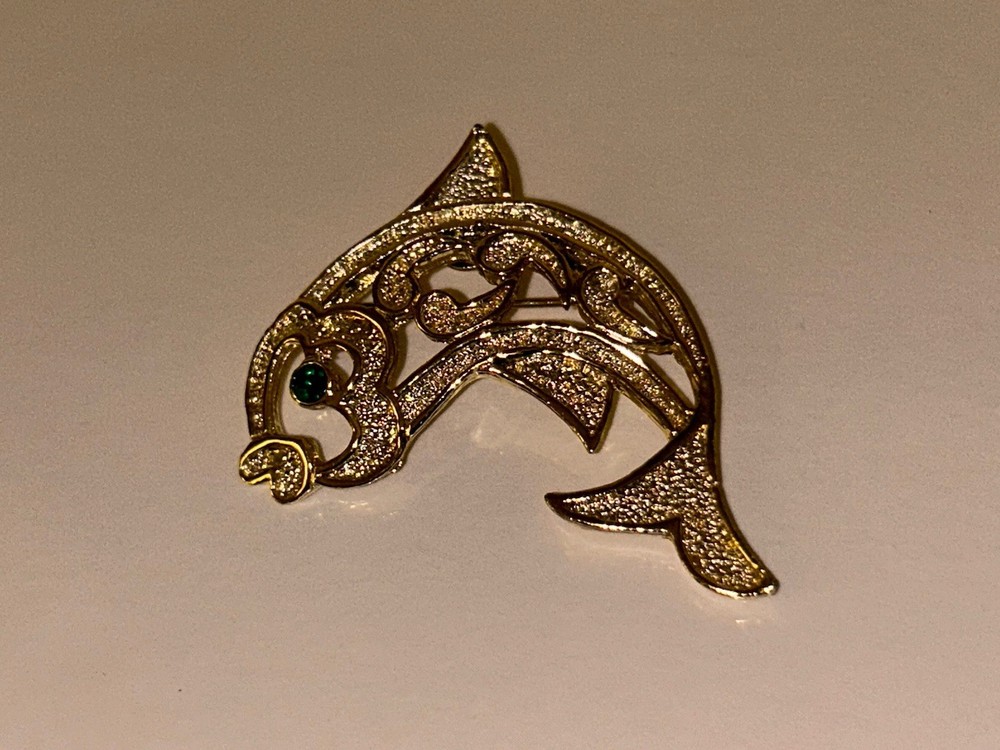 Dolphin Goldtone Gerry’s Rhinestone Brooch Pin Costume Jewelry Excellent