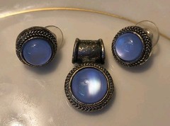 Vintage Pastel Blue Moonglow Lucite Pendant and Earring Trio Set Silver Tone
