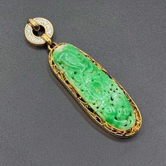 Vtg Chinese Mottled Green Jadeite Pendant w 14K Gold & Diamond Bale (AHB) 405