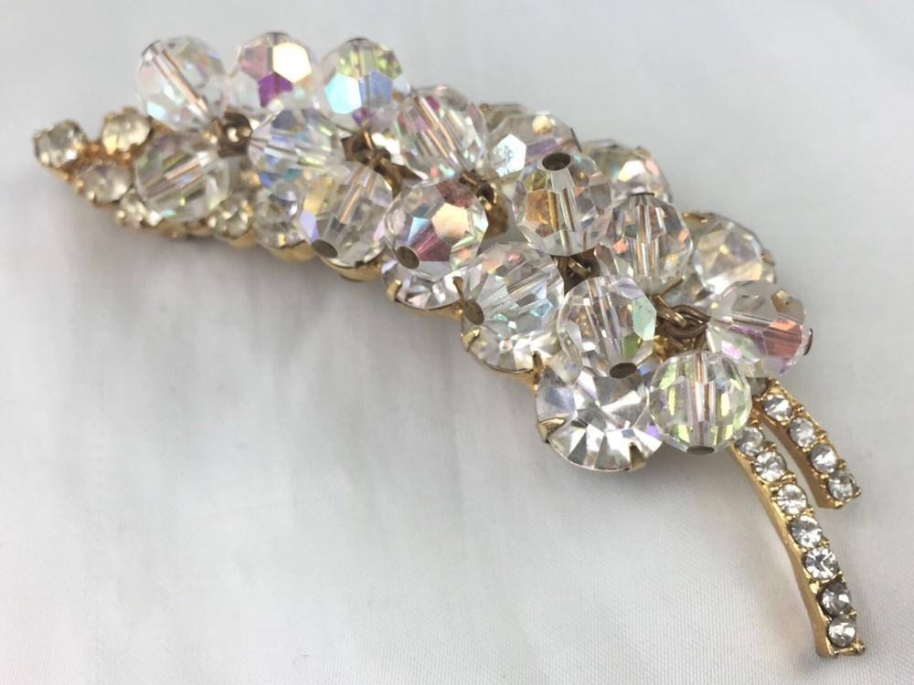 Verified Sparkly Vintage JULIANA D&E Clear AB Bead Gold Tone Leaf Pin Brooch