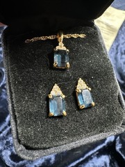 Vtg Faux Blue Sapphire Gold tone Earrings & Necklace Set Publishers Clearing