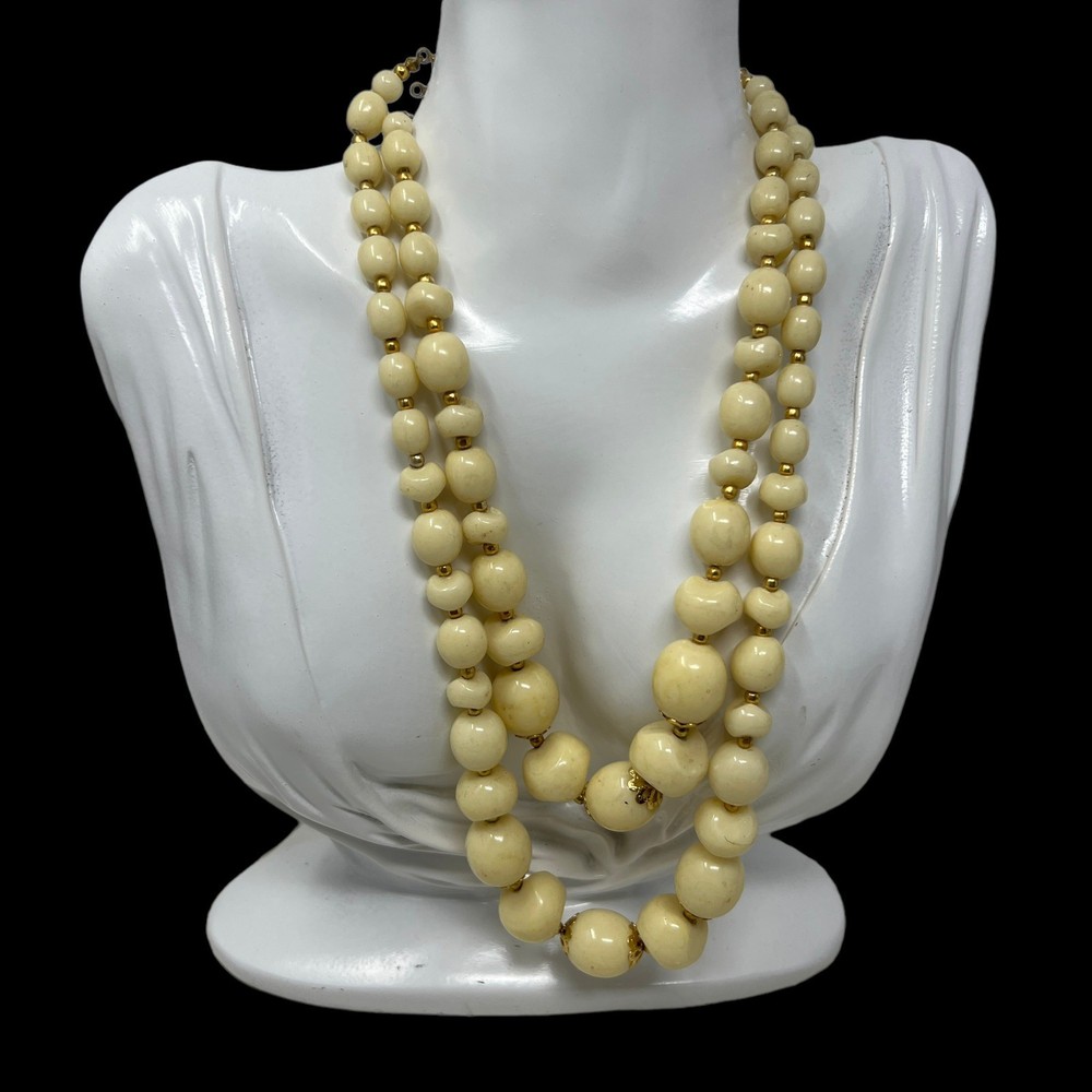 Vintage Yellow Beaded Necklace with Gold Spacer Beads Made in Hong Kong