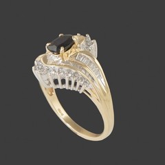 Retro Solid 10K Gold, 1.00 Ct Dark Blue Sapphire & 1.30 CTW Diamond Estate Ring