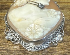 Vintage 14K Solid White Gold Cameo Brooch Pendant – Filigree, Diamond, Flowers