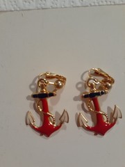 Vintage Anchors Aweigh Red Enamel Nautical Clip-On Earrings Jewelry