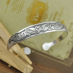 Retro Tibetan Silver Cuff Bracelet Carved Fish Elephant Flower Vintage Bangle