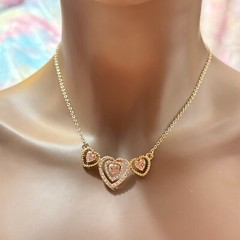 Monet Triple Heart Necklace, Pink & Clear Rhinestone Sweetheart – 19″