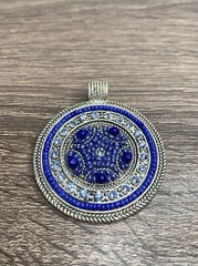 Vintage Best Round Pendant Silver Tone Metal Blue Rhinestone Crystal Beads