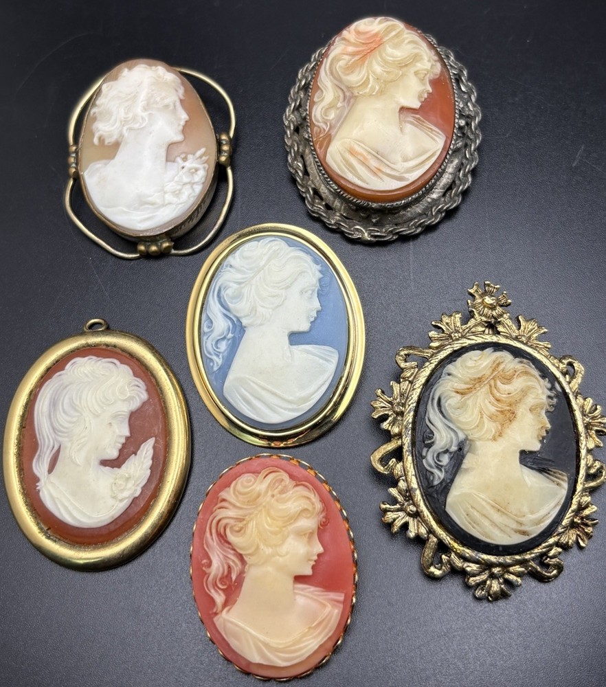 Vintage Cameo Brooch Pin Pendant Lot Of 6 One Carve Shell Lady In Profile
