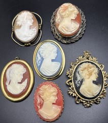 Vintage Cameo Brooch Pin Pendant Lot Of 6 One Carve Shell Lady In Profile