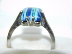 Banded Blue Glass Stone Silver tone Solitaire sz 10 Ring