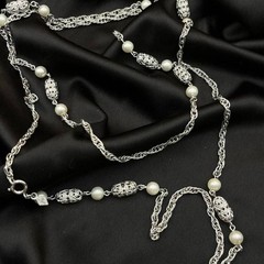 Vintage 1980s Silver Chain and Beads Pearl Long Necklace Flapper Minimalist