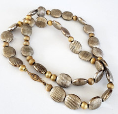 Vintage Oval Ribbed Flat Bead Frosted Silver & Gold Tone Necklace Sterling Clasp
