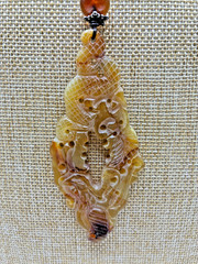21st & Stone Carved Old Jade Carnelian Bead Leather Cord Silver Accents Necklace