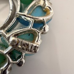Vintage Signed LISNER Blue Green Thermoset Heart Brooch Mid Century Lucite Pin