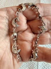Vtg 925 Sterling Silver Sz 7.5”-6g MOP Dolphin Bracelet!