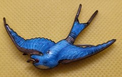 Vintage Blue Guilloche Enamel Swallow Bird Brooch Pin Brass C Clasp Antique Styl