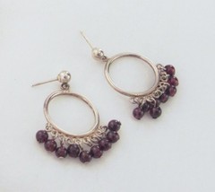 90s Estate Almandine Garnet Bead Fringe Sterling Drop Post Hoop Earrings