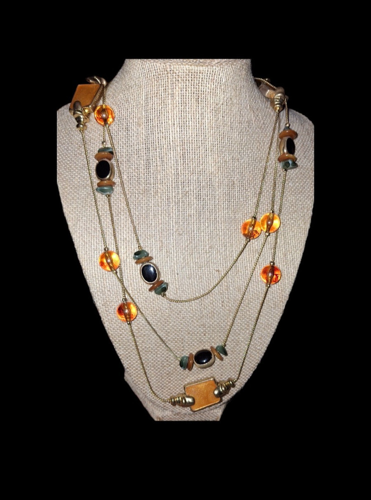 vintage korea gold plate long station necklace amber glass acrylic and enamel