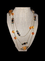 vintage korea gold plate long station necklace amber glass acrylic and enamel