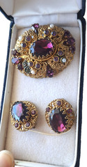vintage west germany jewelry set purple gem and rhinestone gold tone