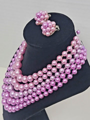Vintage Lilac Imitation Glass Pearl Necklace & Earring set, 5 Strands