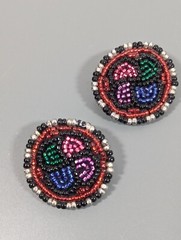 Vintage Boho Glass Seed Beaded Tribal Colorful Round Leather Back Earrings