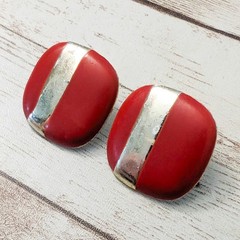 Vintage Earrings For Pierced Ears Red Rounded Square Shape – Poor Condition