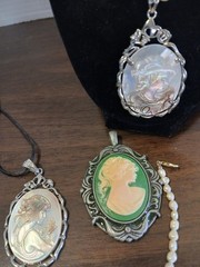Lot of 4 Cameo Pendants Carved Shell Silver Tone With Pearl Necklace & Bracelet