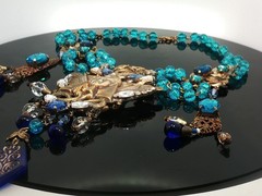 Czech Art Glass Necklace Gold Egyptian Motif Blue Drops Statement Jewelry
