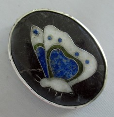 HANDMADE STERLING BUTTERFLY PENDANT BROOCH, 2 INCHES, 20 GRAMS, LAPIS & CRYSTAL