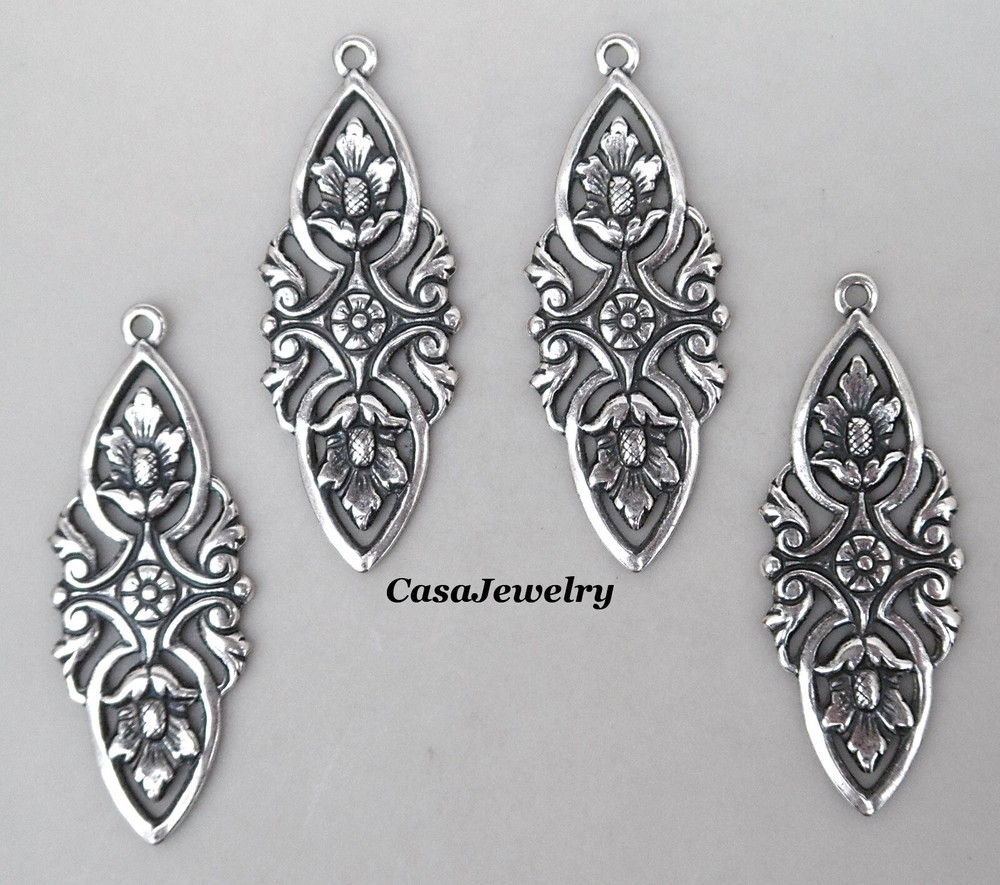 #0189 ANTIQUED STERLING S/P ART NOUVEAU DROP W/TOP HANG RING – 4 Pc Lot