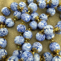 Vintage Millefiori Glass Beaded Necklace Flowers Blue Venetian 24”
