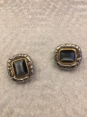 Designer Look Gold Silver Tone Dark Grey Black Cabochon Clip On Earrings 1”