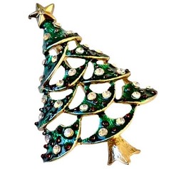 Christmas Tree Vintage Brooch Green Enamel Clear Rhinestones Cut-Outs