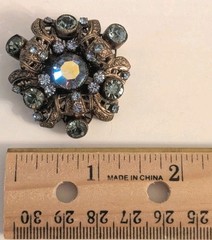 Vintage Aurora Borealis Rhinestone Brooch Domed Filigree Smoky Blue European