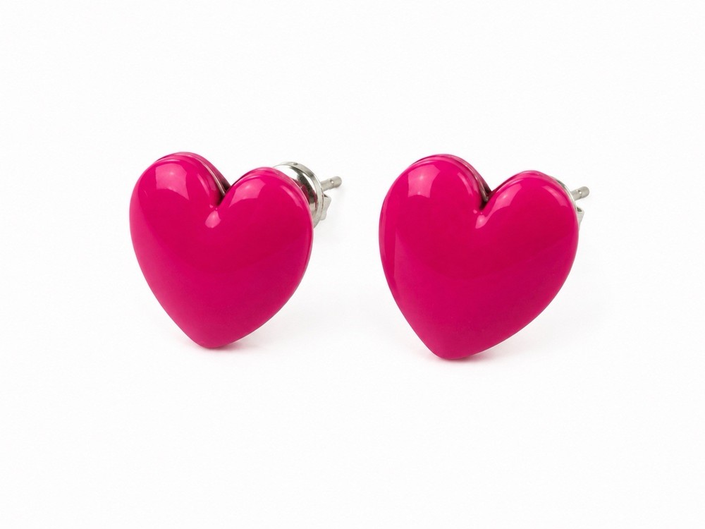 Vintage Hot Pink Heart Stud Earrings Acrylic Resin Love Retro 1980s