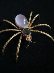 Vintage Czech Spider Brooch Gold Cats Eye Glass Cabochon Purple Rhinestone