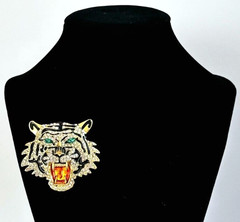 Gold Tone Black Enamel & Rhinestones Tiger Face Brooch Contemporary