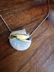 Vintage 9ct Opal 14k Yellow Gold Pendant With Diamond & Tanzanite Accents