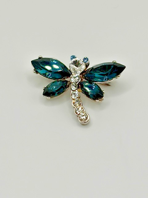 Dragonfly Pin Brooch Blue Rhinestones 1.25 Inches