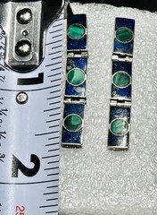 Vintage Sterling Silver Lapis Panel Dangle Earrings Malachite Circles Pattern