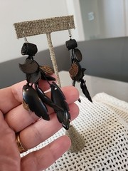 Vintage Bohemian Artist Handmade Leather & Teak Wood Dangle Earrings 4″ OOAK B13