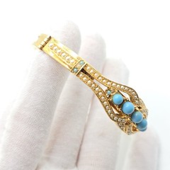 Vintage Art Arthur Pepper Faux Pearls & Faux Turquoise Gold Tone Bangle Bracelet