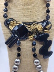 Signed Artist Made Kyna Black Lucite Large Beaded Unusual Double Sided Necklace