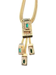 Vintage Gold-Tone Statement Lariat Necklace with Green Gemstone Accents